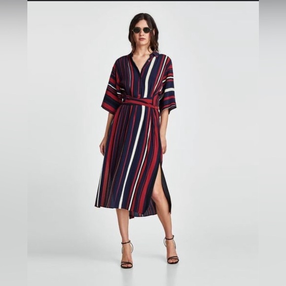 Zara Red White Blue Striped Mid Button-Up Midi Dress, Size Large - Picture 8 of 8